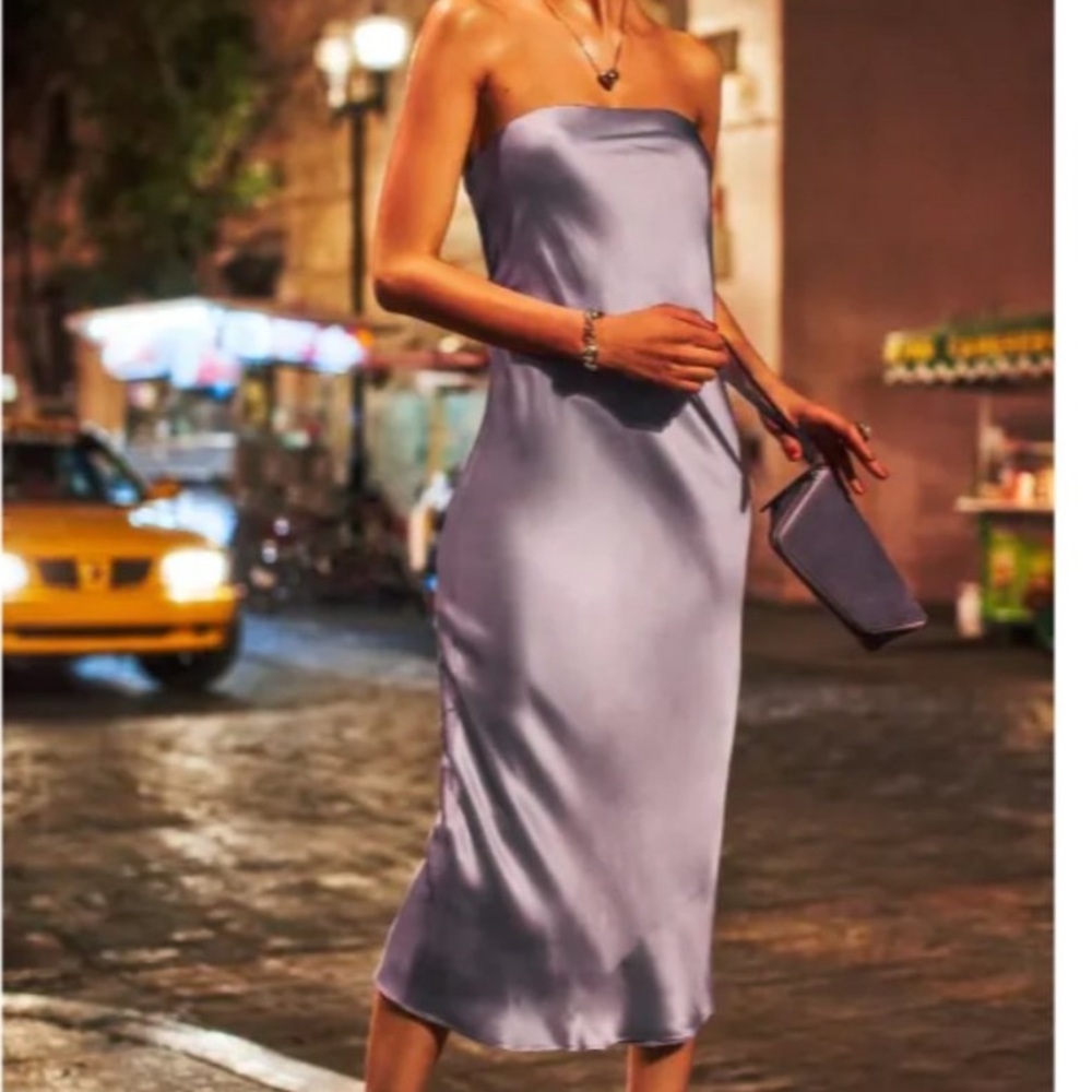 Reformation Joana Silk slip dress in Aura Purple sleeveless maxi strapless